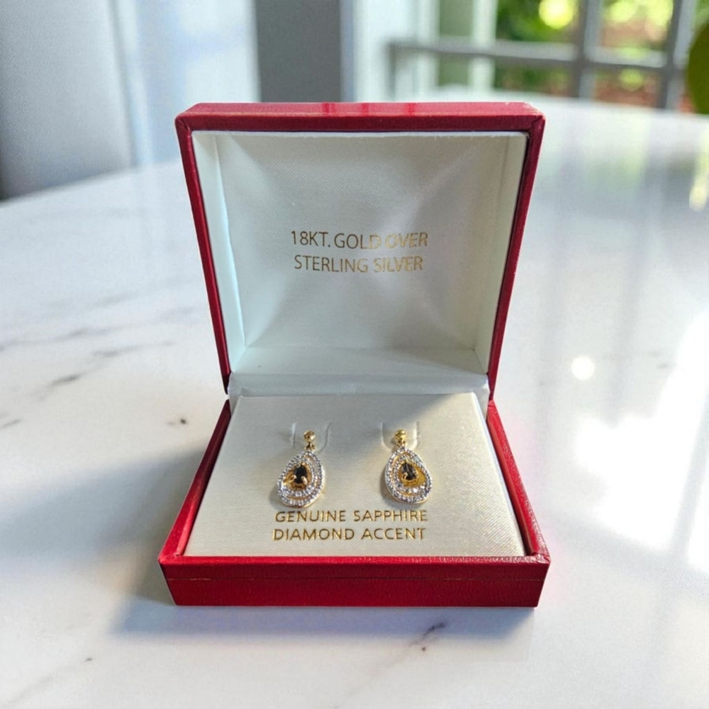 Elegant 18KT Gold Over Sterling Silver Sapphire Earrings with Diamond Accent